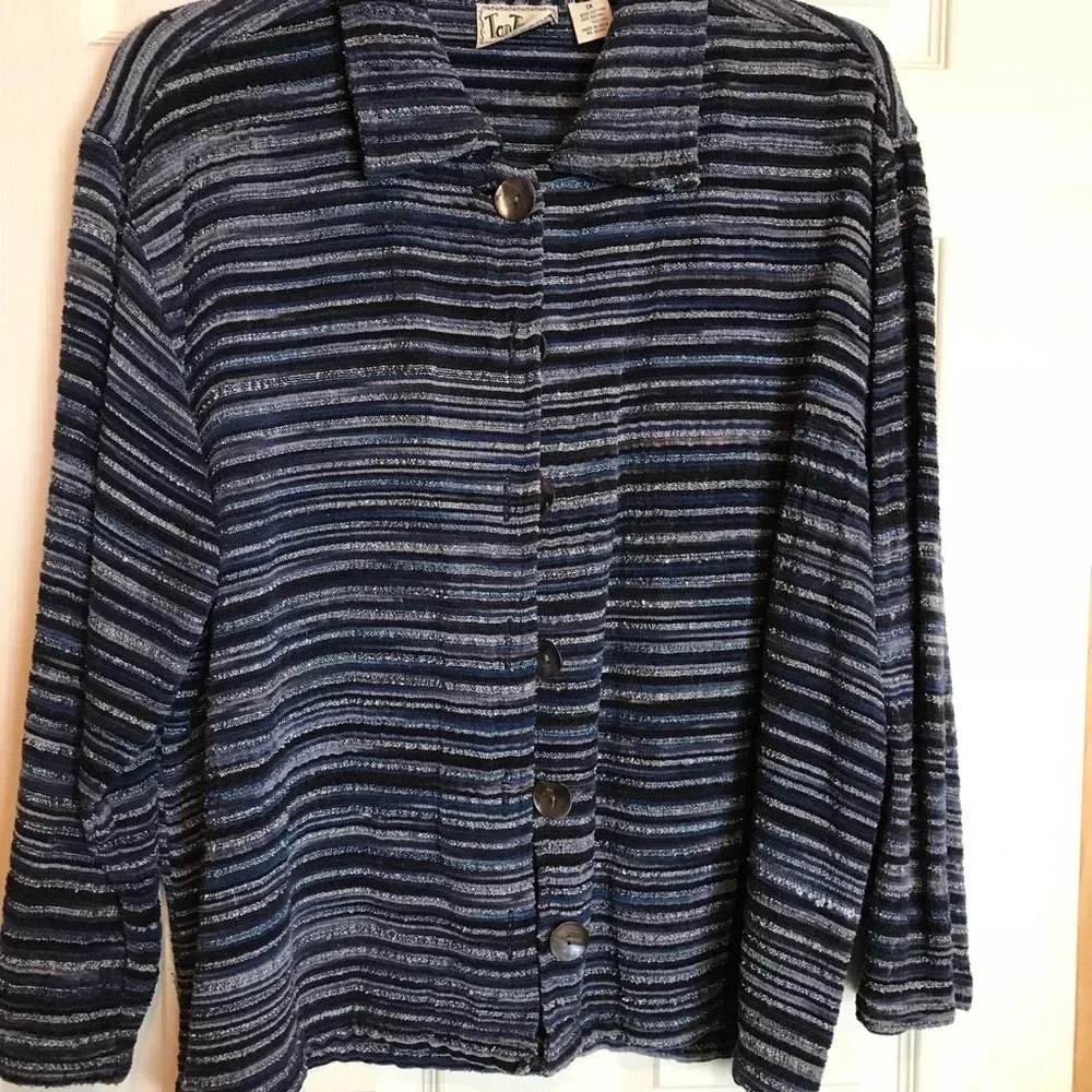 TomToms Womens Size 1X Navy Striped Textured Unstructured Work Blazer Vintage
